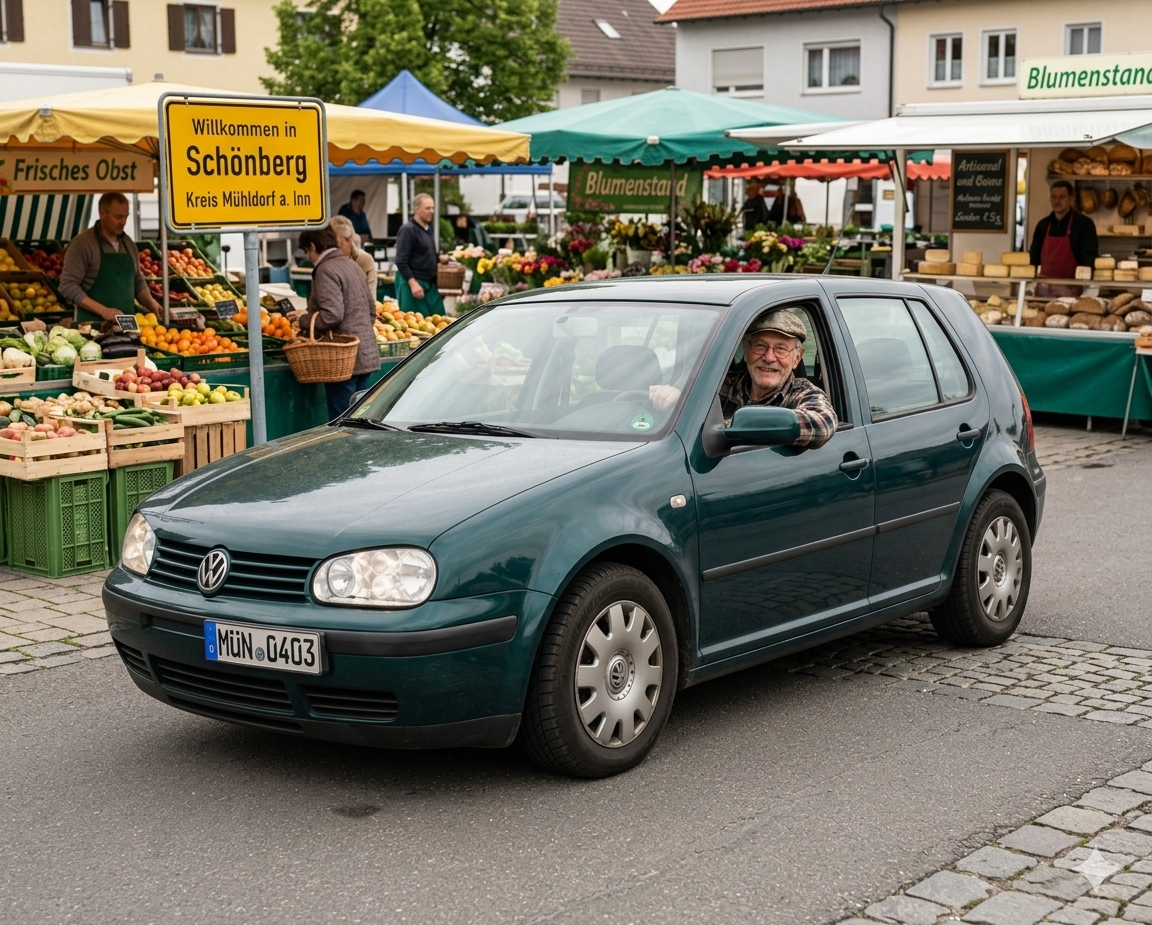 VW Golf cu un bunic la volan, în piața din Schönberg