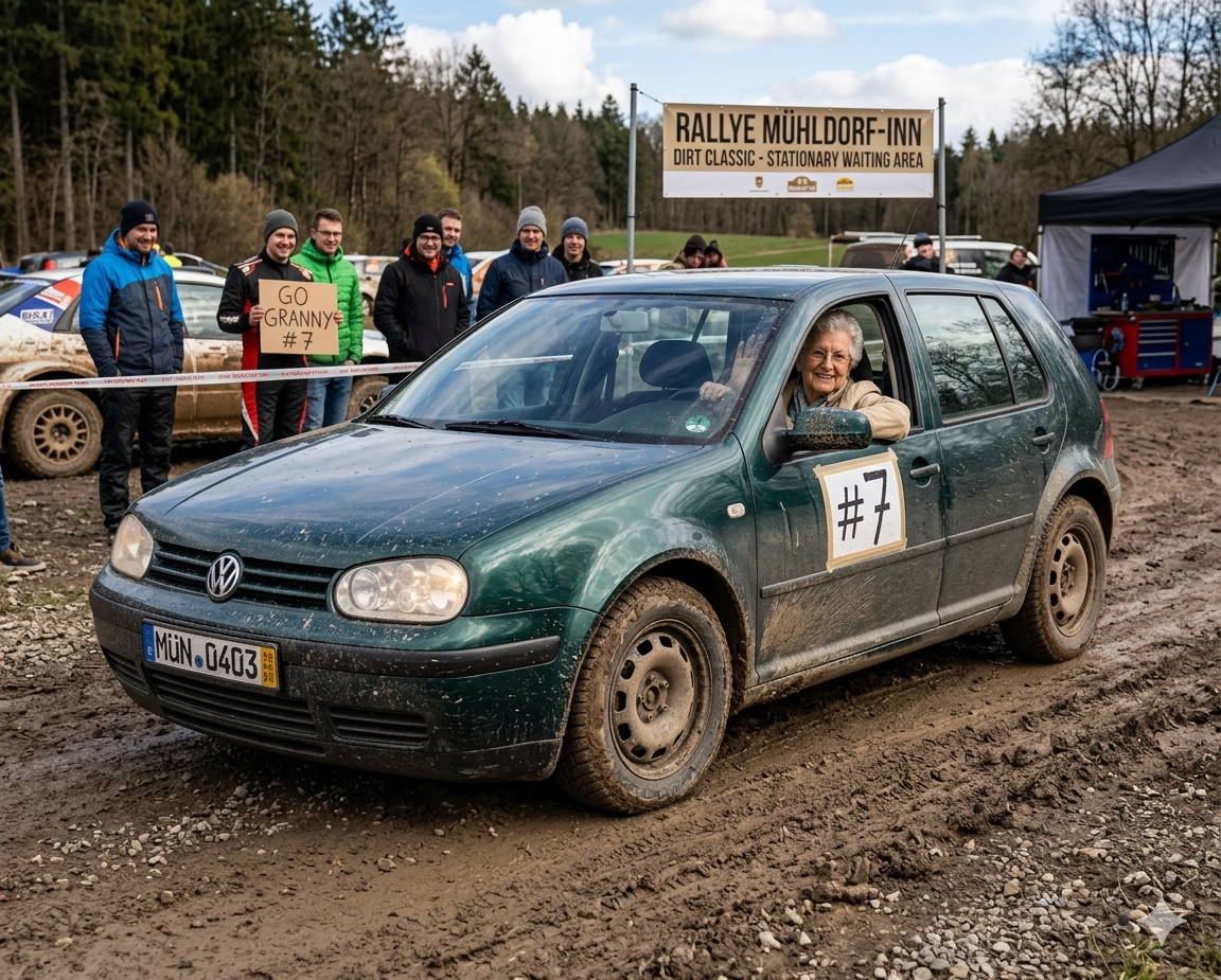VW Golf cu numărul 7 pe pista de pământ, fani în fundal